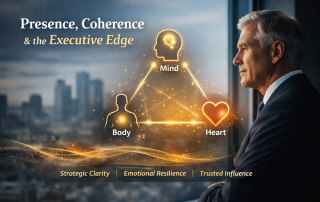 A city‑view office scene featuring an illustration of the mind, body, and heart connected in a glowing triangular diagram, accompanied by the text “Presence, Coherence & the Executive Edge” and phrases highlighting strategic clarity, emotional resilience, and trusted influence.